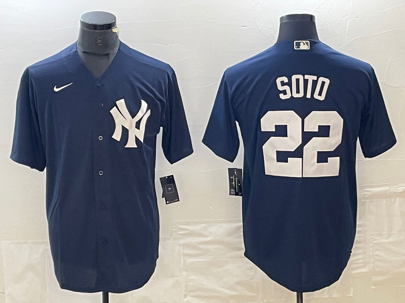 Men's New York Yankees #22 Juan Soto Name Navy Blue Cool Base Stitched Baseball Jersey