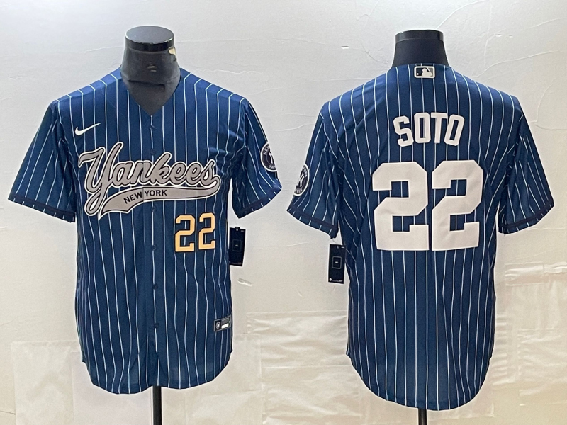 Men's New York Yankees #22 Juan Soto Number Blue Pinstripe Cool Base Stitched Baseball Jersey