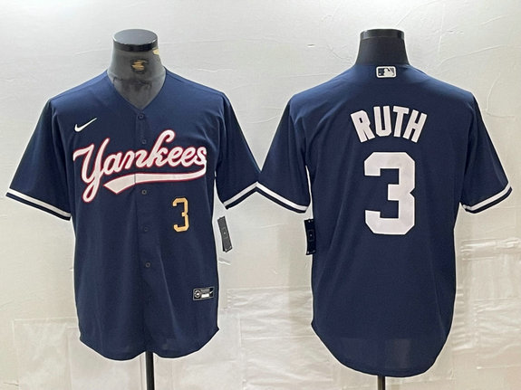 Men's New York Yankees #3 Babe Ruth Number Navy Cool Base Stitched Baseball Jersey