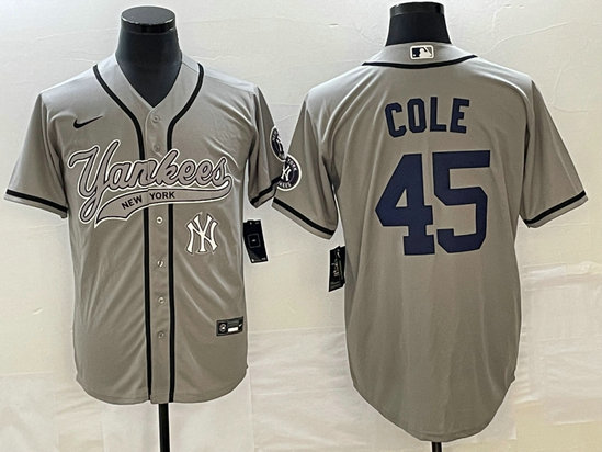 Men's New York Yankees #45 Gerrit Cole Gray With Patch Cool Base Stitched Baseball Jersey