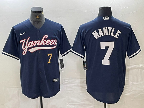 Men's New York Yankees #7 Mickey Mantle Number Navy With Patch Cool Base Stitched Baseball Jersey