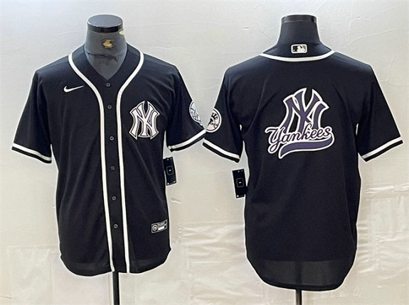 Men's New York Yankees Black Team Big Logo Cool Base Stitched Baseball Jersey 3