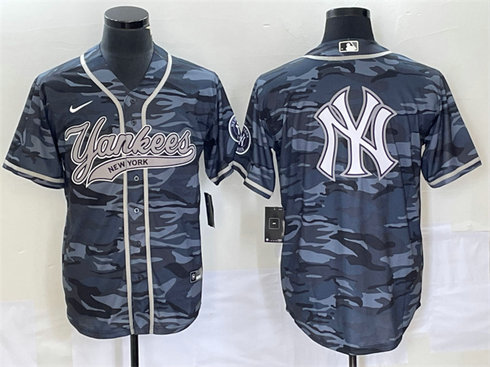 Men's New York Yankees Gray Camo Team Big Logo With Patch Cool Base Stitched Baseball JerseyS