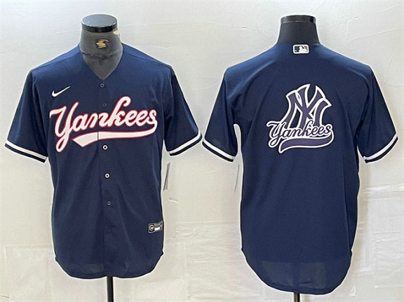 Men's New York Yankees Navy Team Big Logo Cool Base Stitched Baseball Jersey 12