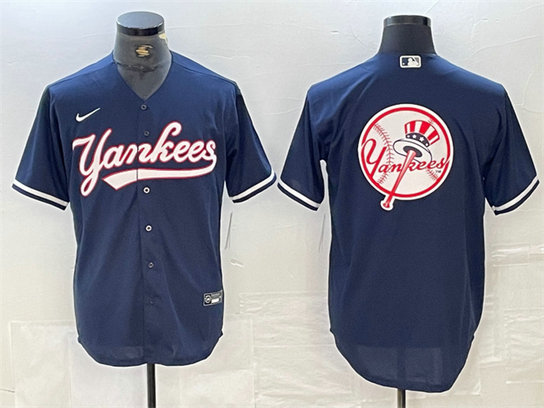 Men's New York Yankees Navy Team Big Logo Cool Base Stitched Baseball Jersey 4