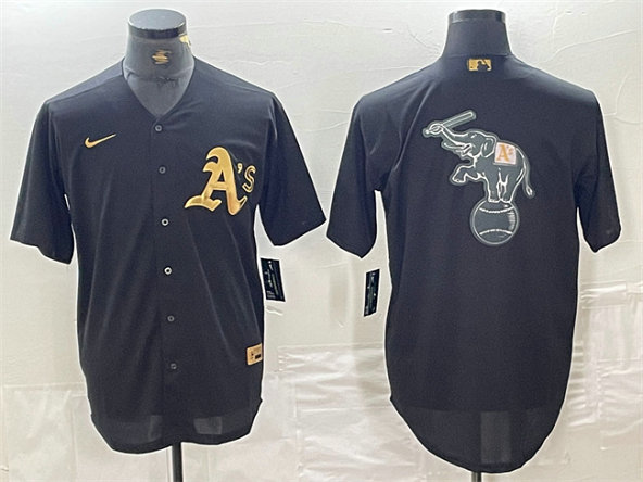 Men's Oakland Athletics Black Gold Team Big Logo Cool Base Stitched Baseball Jersey 1