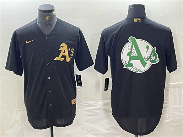 Men's Oakland Athletics Black Gold Team Big Logo Cool Base Stitched Baseball Jersey 2