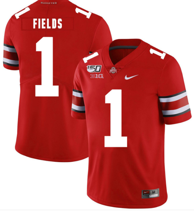 Men's Ohio State Buckeyes #1 Justin Fields 2019 Red 150th Season College Stitched NCAA Jersey