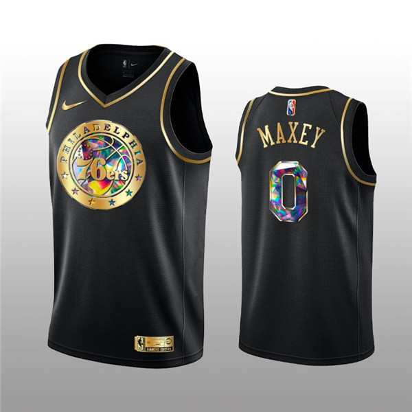 Men's Philadelphia 76ers #0 Tyrese Maxey 2021 22 Black Golden Edition 75th Anniversary Diamond Logo Stitched Basketball Jersey