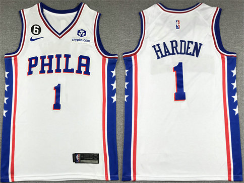 Men's Philadelphia 76ers #1 James Harden White With NO.6 Patch Stitched Jersey