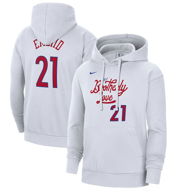 Men's Philadelphia 76ers #21 Joel Embiid White 2022 23 City Edition Name & Number Essential Pullover Hoodie