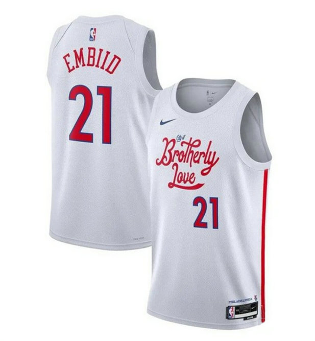 Men's Philadelphia 76ers #21 Joel Embiid White 2022 23 City Edition Stitched Basketball Jersey