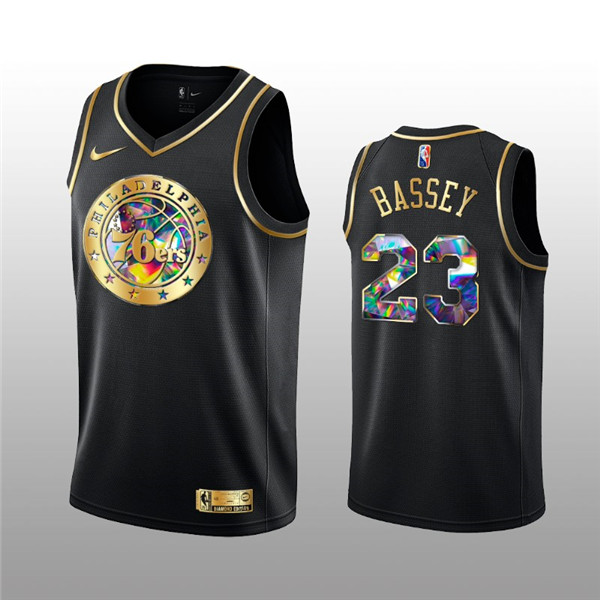 Men's Philadelphia 76ers #23 Charles Bassey 2021 22 Black Golden Edition 75th Anniversary Diamond Logo Stitched Basketball Jersey