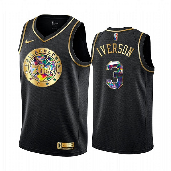 Men's Philadelphia 76ers #3 Allen Iverson 2021 22 Black Golden Edition 75th Anniversary Diamond Logo Stitched Basketball Jersey