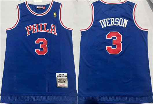 Men's Philadelphia 76ers #3 Allen Iverson Blue Throwback Stitched Basketball Jersey