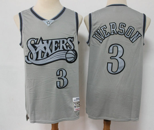 Men's Philadelphia 76ers #3 Allen Iverson Grey Throwback Stitched Basketball Jersey