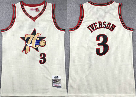 Men's Philadelphia 76ers #3 Allen Iverson White Throwback Stitched Basketball Jersey