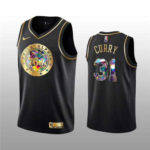 Men's Philadelphia 76ers #31 Seth Curry 2021 22 Black Golden Edition 75th Anniversary Diamond Logo Stitched Basketball Jersey