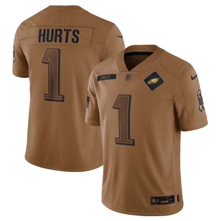 Men's Philadelphia Eagles #1 Jalen Hurts 2023 Brown Salute To Service Limited Stitched Football Jersey