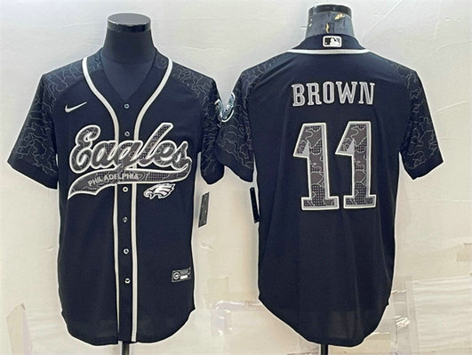 Men's Philadelphia Eagles #11 A. J. Brown Black Reflective With Patch Cool Base Stitched Baseball Jersey