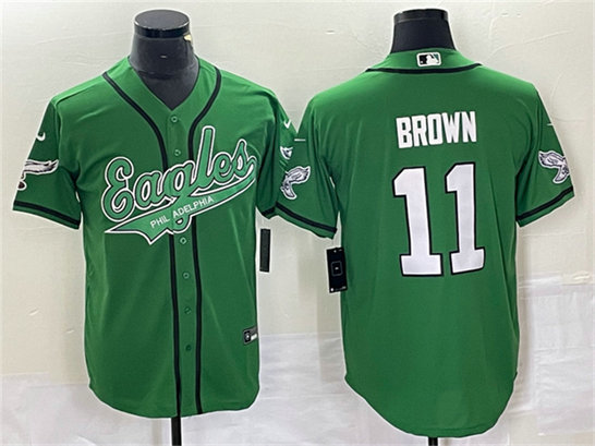 Men's Philadelphia Eagles #11 A. J. Brown Green Cool Base Stitched Baseball Jersey