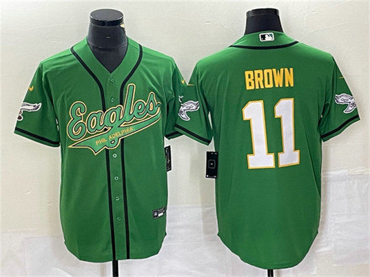 Men's Philadelphia Eagles #11 A. J. Brown Green Gold Cool Base Stitched Baseball Jersey