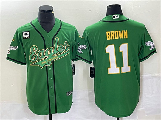Men's Philadelphia Eagles #11 A. J. Brown Green Gold With C Patch Cool Base Stitched Baseball Jersey
