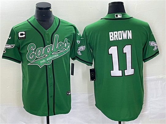 Men's Philadelphia Eagles #11 A. J. Brown Green With C Patch Cool Base Stitched Baseball Jersey