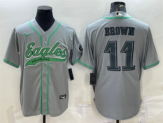 Men's Philadelphia Eagles #11 A. J. Brown Grey With Patch Cool Base Stitched Baseball Jersey