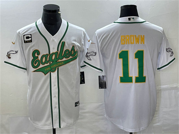 Men's Philadelphia Eagles #11 A. J. Brown White Gold With C Patch Cool Base Stitched Baseball Jersey