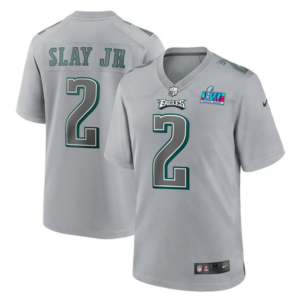 Men's Philadelphia Eagles #2 Darius Slay Jr. Grey Super Bowl LVII Patch Atmosphere Fashion Stitched Game Jersey