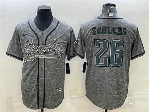 Men's Philadelphia Eagles #26 Miles Sanders Gray With Patch Cool Base Stitched Baseball Jersey