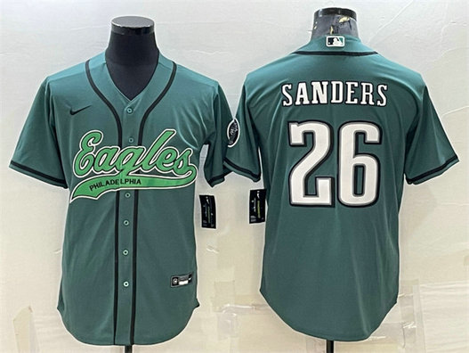 Men's Philadelphia Eagles #26 Miles Sanders Green With Patch Cool Base Stitched Baseball Jersey