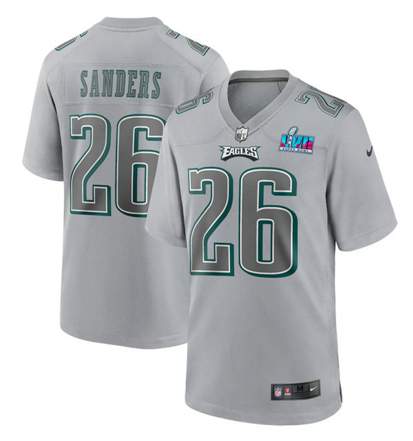 Men's Philadelphia Eagles #26 Miles Sanders Grey Super Bowl LVII Patch Atmosphere Fashion Stitched Game Jersey
