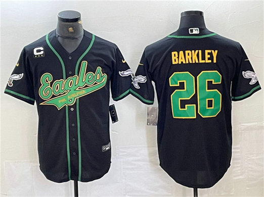Men's Philadelphia Eagles #26 Saquon Barkley Black Gold With 3-star C Patch Cool Base Baseball Stitched Jersey
