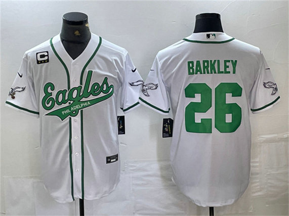 Men's Philadelphia Eagles #26 Saquon Barkley White With 3-star C Patch Cool Base Baseball Stitched Jerseys