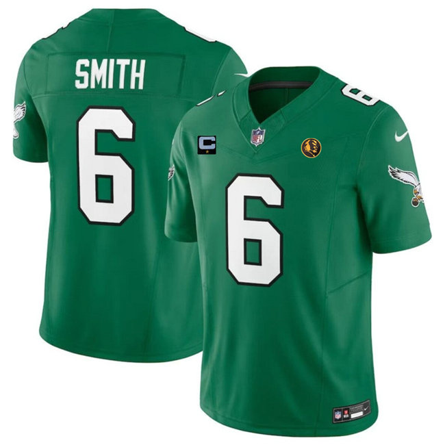 Men's Philadelphia Eagles #6 DeVonta Smith Green 2023 F.U.S.E. Throwback With 1-Star C Patch And John Madden Patch Vapor Limited Stitched Football Jersey