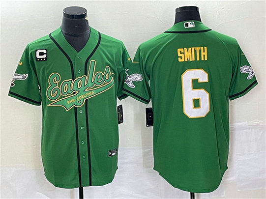 Men's Philadelphia Eagles #6 DeVonta Smith Green Gold With C Patch Cool Base Stitched Baseball Jersey