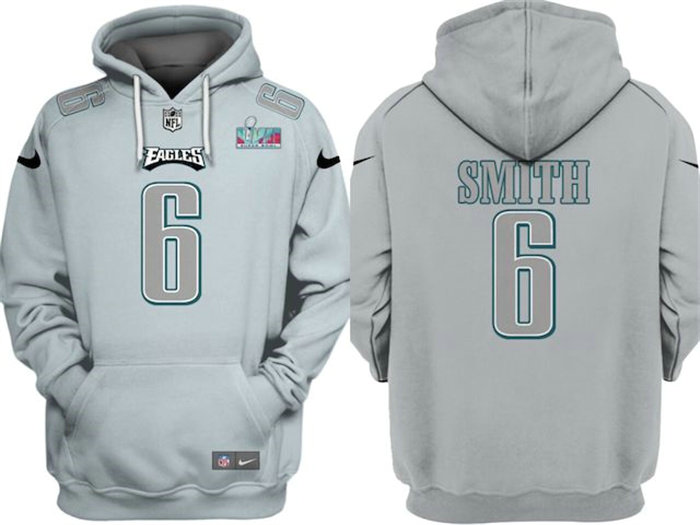 Men's Philadelphia Eagles #6 DeVonta Smith Grey Atmosphere Fashion Super Bowl LVII Patch Pullover Hoodie