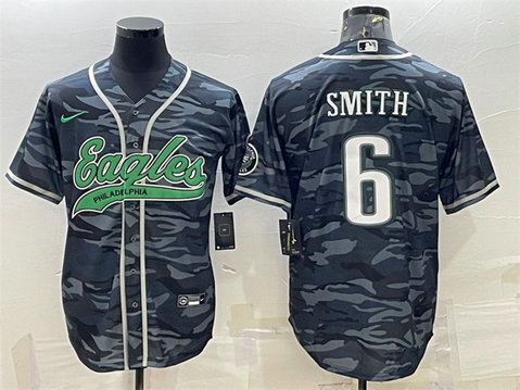 Men's Philadelphia Eagles #6 DeVonta Smith Grey Camo With Patch Cool Base Stitched Baseball Jersey