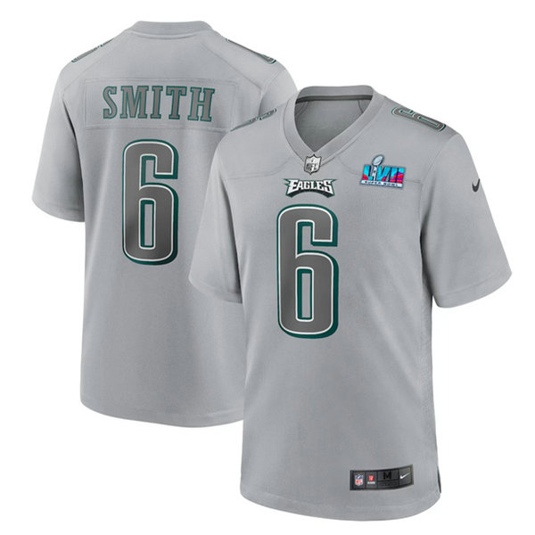 Men's Philadelphia Eagles #6 DeVonta Smith Grey Super Bowl LVII Patch Atmosphere Fashion Stitched Game Jersey