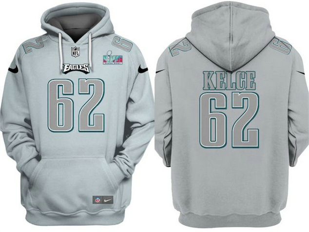 Men's Philadelphia Eagles #62 Jason Kelce Grey Atmosphere Fashion Super Bowl LVII Patch Pullover Hoodie