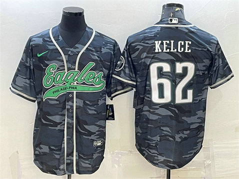 Men's Philadelphia Eagles #62 Jason Kelce Grey Camo With Patch Cool Base Stitched Baseball Jersey