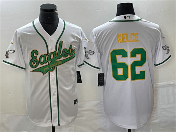 Men's Philadelphia Eagles #62 Jason Kelce White Gold Cool Base Stitched Baseball Jersey