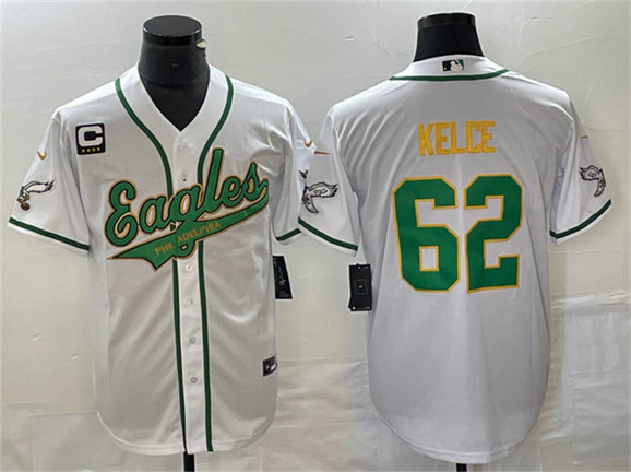 Men's Philadelphia Eagles #62 Jason Kelce White Gold With C Patch Cool Base Stitched Baseball Jersey