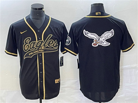 Men's Philadelphia Eagles Black Gold Team Big Logo Cool Base Stitched Baseball Jersey