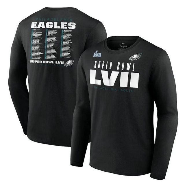 Men's Philadelphia Eagles Black Super Bowl LVII Varsity Roster Long Sleeve T-Shirt