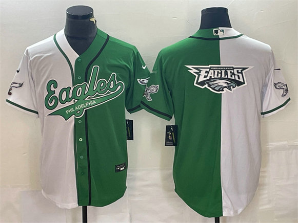 Men's Philadelphia Eagles Green White Split Team Big Logo Cool Base Stitched Baseball Jersey
