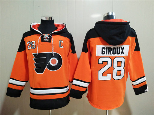 Men's Philadelphia Flyers #28 Claude Giroux Orange Ageless Must-Have Lace-Up Pullover Hoodie