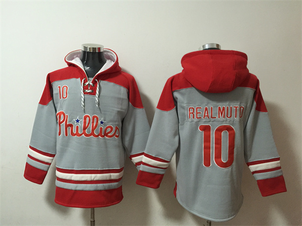 Men's Philadelphia Phillies #10 J.T. Realmuto Grey Red Ageless Must-Have Lace-Up Pullover Hoodie